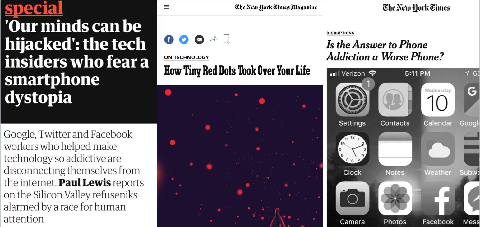 Screenshots of articles in the Guardian and New York Times about potential risks of phone addiction.